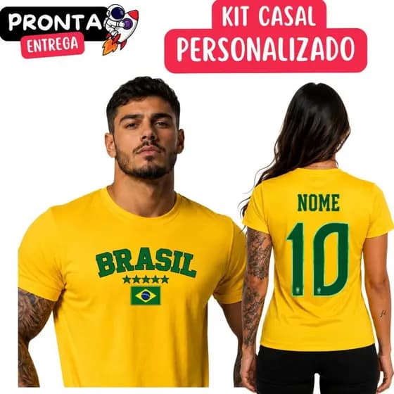 Kit De 2 Camiseta Casal Personalizada Brasil 100% Algodão Copa Torcedor Camisa Masculina Feminina