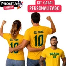 Kit C/2 Camiseta Casal Personalizada Brasil 100% Algodão Copa Torcedor Camisa Masculina Feminina