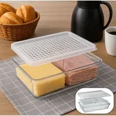 Porta Frios Geladeira Com Divisória e Escorredor de Líquido Em Acrílico Resistente Transparente Com Tampa Organizador