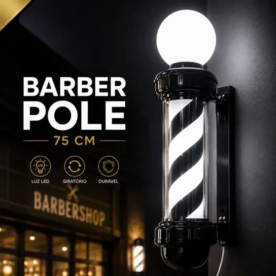 Barber Pole 75cm Rotativo Giratorio Led Com Globo Todo Preto Barbearia