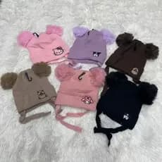 Gorro Infantil com Orelhinhas e Pompom Duplo Inverno Quente com Amarração Estilo Cartoon