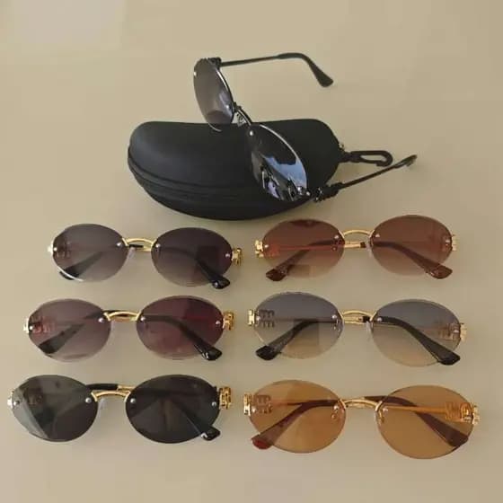 Óculos de Sol Feminino Sem Aro Oval Retrô UV400 Leve Elegante + Estojo Protetor