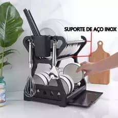 Escorredor De Louça Cozinha Suporte Aço Inox + Prateleiras Plástico Camada Dupla Removível Preto