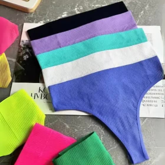 Kit Calcinhas Sem Costura Canelada Importada Fio Tanga Cintura Alta Pala Dupla