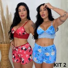 Kit 2 Baby Doll Sensual Com Renda Top Doll Cropped Suede Estampado