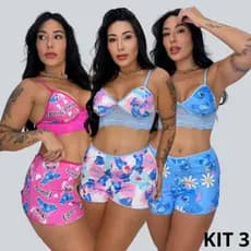 Kit 3 Top Doll Suede Estampa Animadas Renda Baby Doll Sensual Confortável