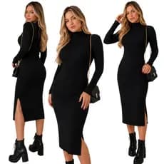 Vestido Feminino Midi Manga Longo Canelado Elegância e Conforto e Estilo Frio Inverno Moda Gringa