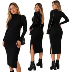 Vestido Longo com Fenda Lateral Manga Longa Gola Alta em Malha Elegante Outono Inverno