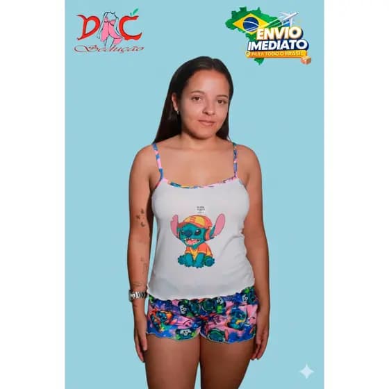 Pijama Baby Doll Suede Feminino de Alcinha Personagens Blusa Comprida