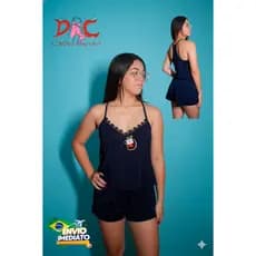 Baby Doll Liganete Liso Alça Fina Short Meia Coxa Pijama Nadador Com Detalhe em Renda P M G GG