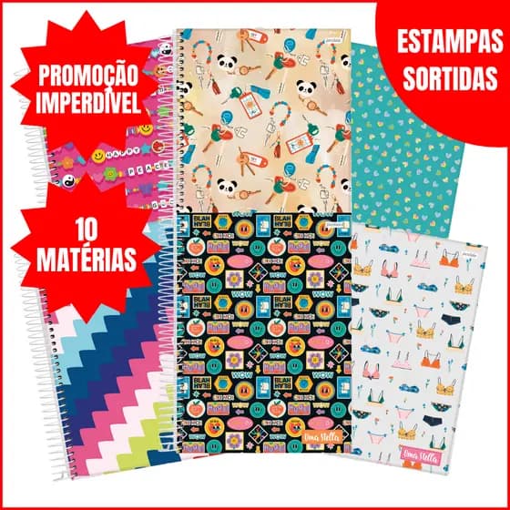 Kit 10 Cadernos Stella 10 Matérias Jandaia 160 Folhas Capa Dura Grande Feminino Estampas Sortidas