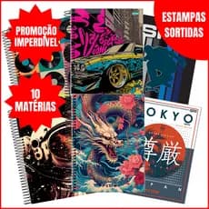 Kit Cadernos 10 Matérias Flow Jandaia 160 Folhas Capa Dura Grande Masculino Estampas Sortidas