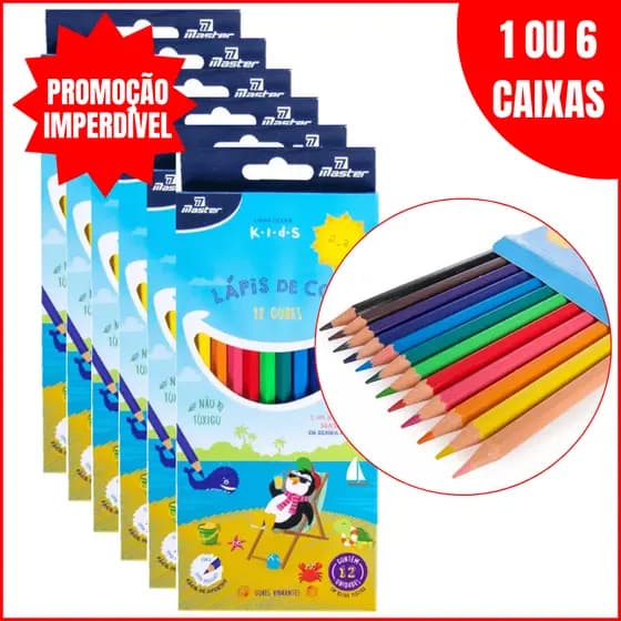 Kit 6 Caixas Lápis De Cor Sextavado 12 Cores Escolar Ocean Kids Master