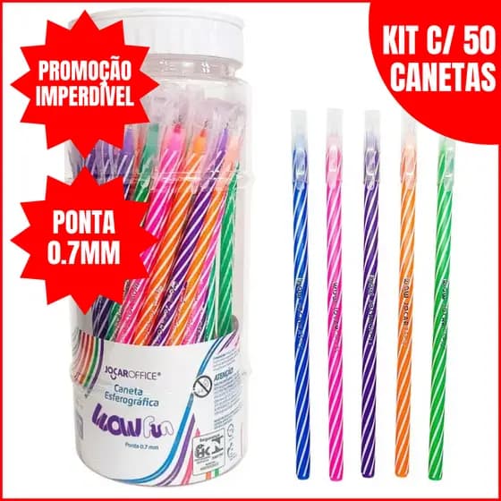 Kit 50 Canetas Esferográficas Wow Espiral Ponta Fina 0,7mm Coloridas
