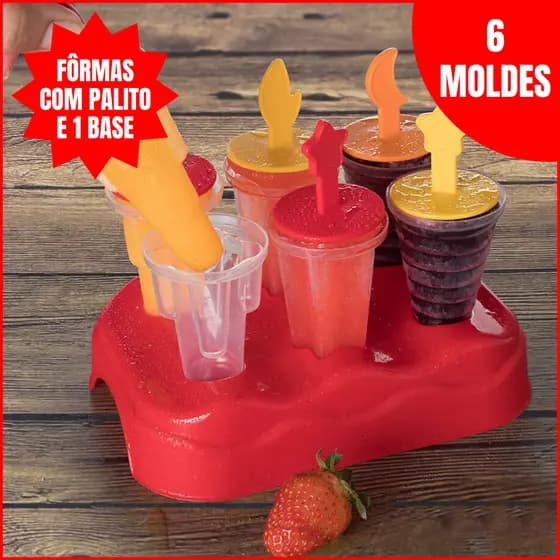 Forma Molde Para Picolés Com 6 Palitos e 1 Base Reutilizável