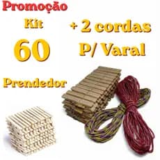 Super Kit 60 unidades de Prendedor + 2 cordas de Varal pregador mais corda grampo de roupa mais varal lavanderia secar