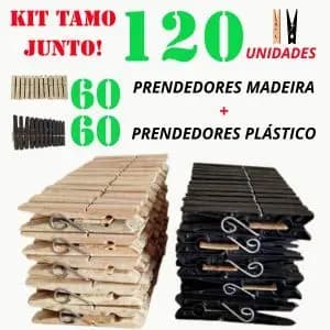Kit 120 unidades prendedores 60 Prendedores madeira 60 prendedores plástico grampo de plástico + madeira pregador varal