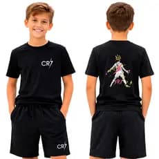 Kit Infantil 2 peças Com 1 Camiseta e 1 Short Moletom Do CR7 Conjunto Bermuda Moletom Camisa Jogador Cristiano Ronaldo