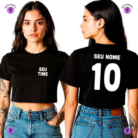 Camisa Cropped Seu Time e Seu Nome Blusa 100% Algodão Premium Adulto Feminino