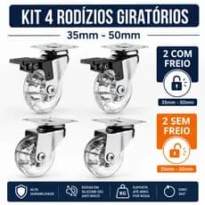 Kit 4 Rodizio Giratório Roda Gel Rodinha Silicone 2 Com Trava 2 Sem Trava - 35mm 50mm | Grape Tools