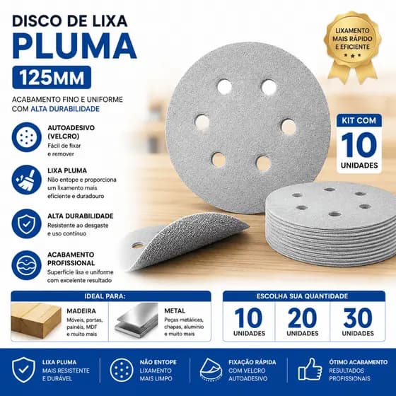 Disco Lixa Pluma 125mm 8 Furos Velcro Roto Orbital Anti Empastamento Kit Lixadeira Alta Durabilidade