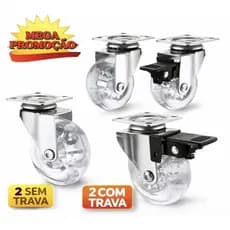 Kit 4 Rodízios 50mm Com Trava Transparente Giratório Para Móveis Mesa Carrinho