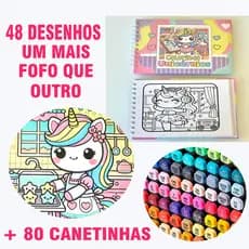 Livro Para Colorir + 80 Canetinhas Dupla Ponta Touch Presente Perfeito Infantil Criança Sem Tela