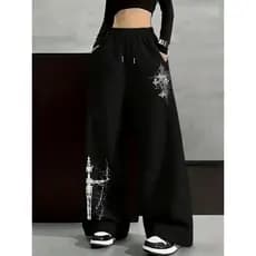 Calça Feminina Y2K Streetwear com Estampa Abstrata de Cruz Calça Retro Wide Leg Bolso Baggy Reta