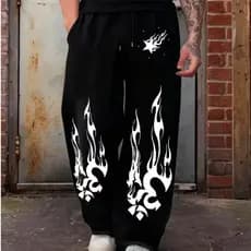 Calça Baggy Balão Wide Leg Streetwear Fire Aesthetic Punk Gotico Rock Caveira Reta Masculino Moletom