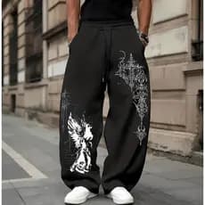 Calça Wide Leg Masculina Estampada Com Estampa Estilosa de Cruz Pássaro Escritas Streetwear Roupa de Rua Hip-hop