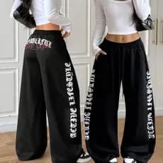 Calça Pantalona Moletom Feminina Wide Leg Casual Moda Street Letras Rapper Hip Hop Baggy Barra Larga