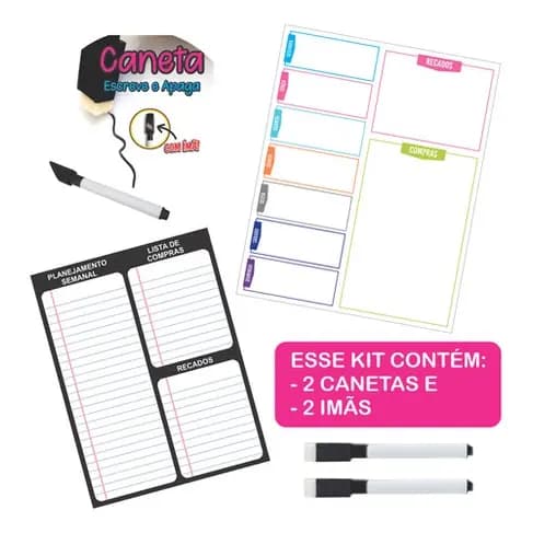 Kit Imã Decorativo de Geladeira  Quadro Magnético 19x25cm com 2 Canetas