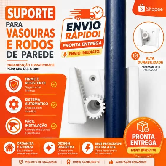 Suporte Organizador Porta Vassoura Rodo Esfregão com Adesivo Alta Fixação para Parede