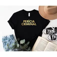 Blusa T-shirt Feminina Per铆cia Criminal Preta com Dourado algodao
