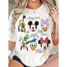 Camiseta Feminino Vintage Mickey and Friends Autographs Blusa Unissex Algod茫o Premium Streetwear Envio Imediato
