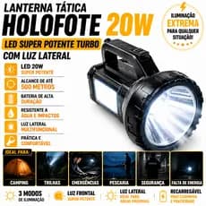 Lanterna Tática Holofote 20w Led Super Potente Turbo com Luz Lateral