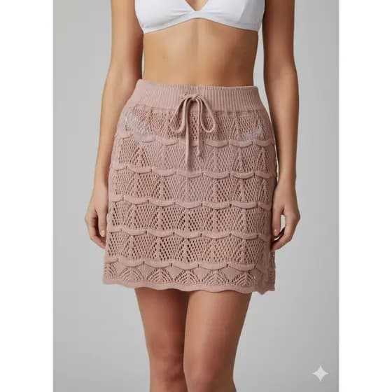 Saia Curta Tricot Rendada Com Cós Elástico Saída de Praia Feminino Verão Moda Praia Leve