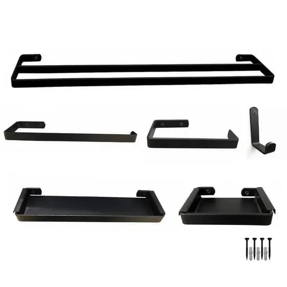 Kit 6 Completo Assessórios Para Banheiro Preto Toalheiro Duplo Saboneteira Porta Shampoo