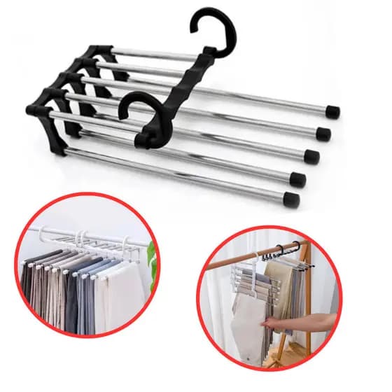 Kit Cabide 5 em 1 Retrátil Multifuncional Organizador Aço Calças Jeans Guarda Roupas