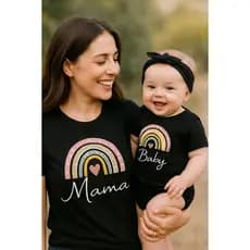 Camisetas Mãe e Filha Arco íris Mama Baby Preta Camiseta e Body 2 peças