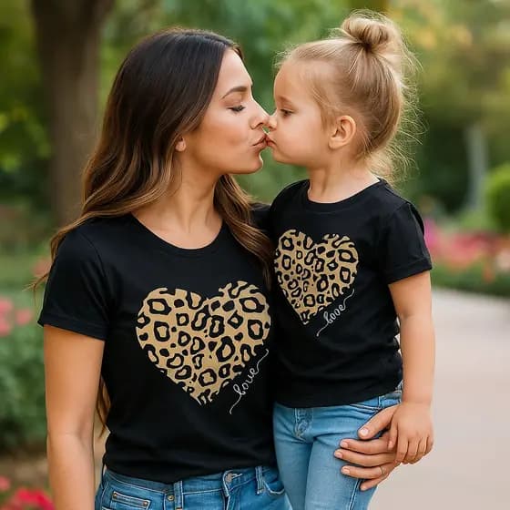 Kit Camisetas Mãe e Filha Coração Animal Print Oncinha Presente das Mães - 2 peças PRETO