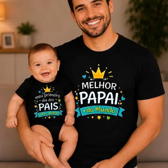 KIT DIA DOS PAIS – Camiseta Pai e Body Bebê Melhor Papai do Mundo Primeiro dia dos Pais