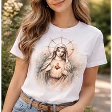 Camiseta Nossa Senhora Sagrado Coração Feminina Camisa Católica Religiosa Estampa Premium