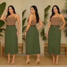 Saia Midi Alfaiataria Cinto Couro Fenda Bolso  frente Moda Evangélica festa Elegante Estilosa Casual