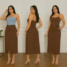 Saia Midi Alfaiataria Com Cinto Fenda Bolso Frontal  Moda Evangélica Festa Elegante Estilosa Luxo