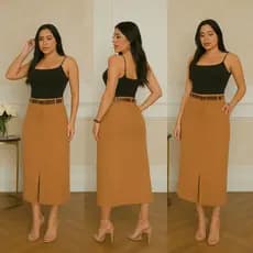 ✨ Saia Midi Feminina Social Cintura Alta com Bolso Funcional, Cinto e Zíper Lateral