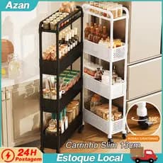Carrinho Organizador Slim 13cm com Rodinhas 3 ou 4 Prateleiras Multiuso para Cozinha