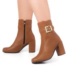 Bota Feminina Salto Alto Grosso Fivela Bico Quadrado Cano Curto Original Olívia Moda Confortável
