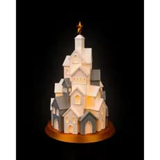 Vila Natalina 3D Iluminada com LED, Decoração de Natal em Branco e Cinza, Base Dourada, Estrela no Topo, 19cm de Altura