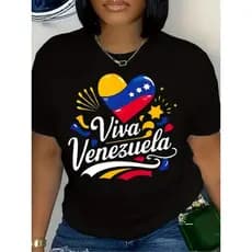 Camiseta Feminina "Viva Venezuela" Printed Crew Neck Polyester Knit Confortável Estilosa Casual